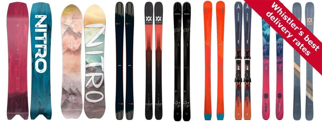 ski rental banner is a line up of new skis and boards